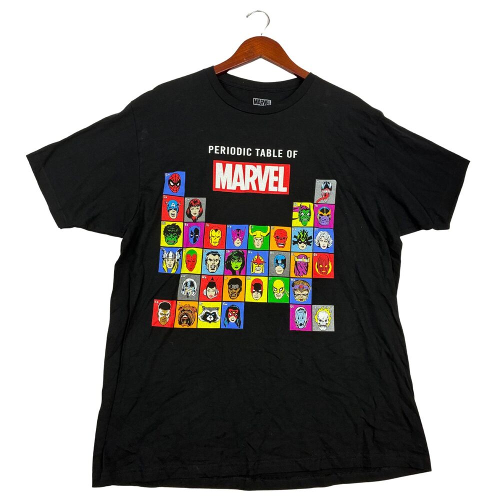 Marvel Periodic Table Characters Black Graphic T-Shirt Men's XL 100% Cotton
